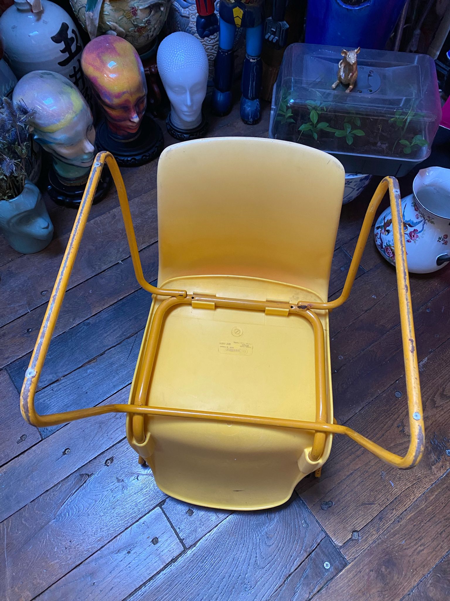Duo of vintage Grofilex child kindergarten chairs yellow plastic