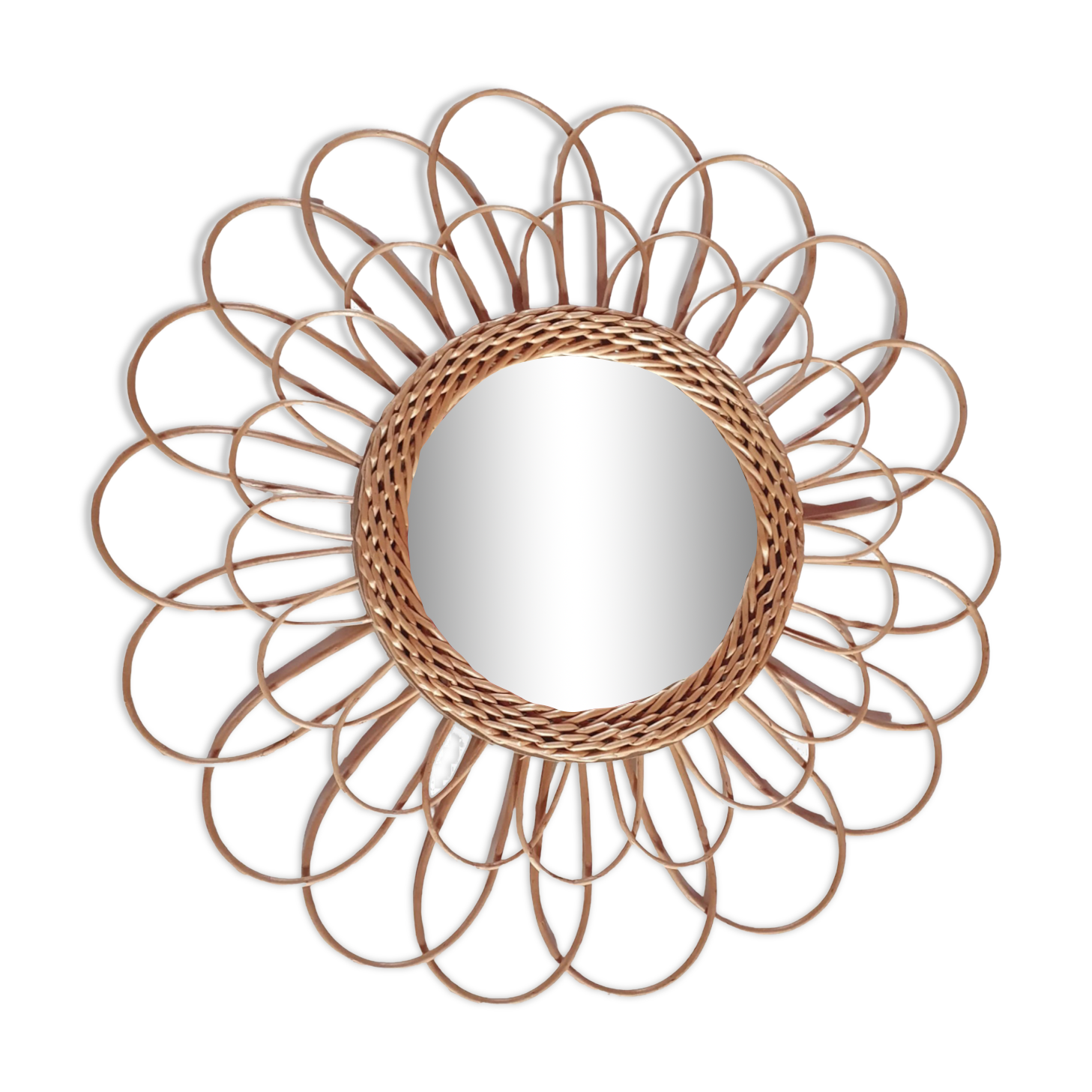 Vintage wicker sunrattan mirror diam 56 cm