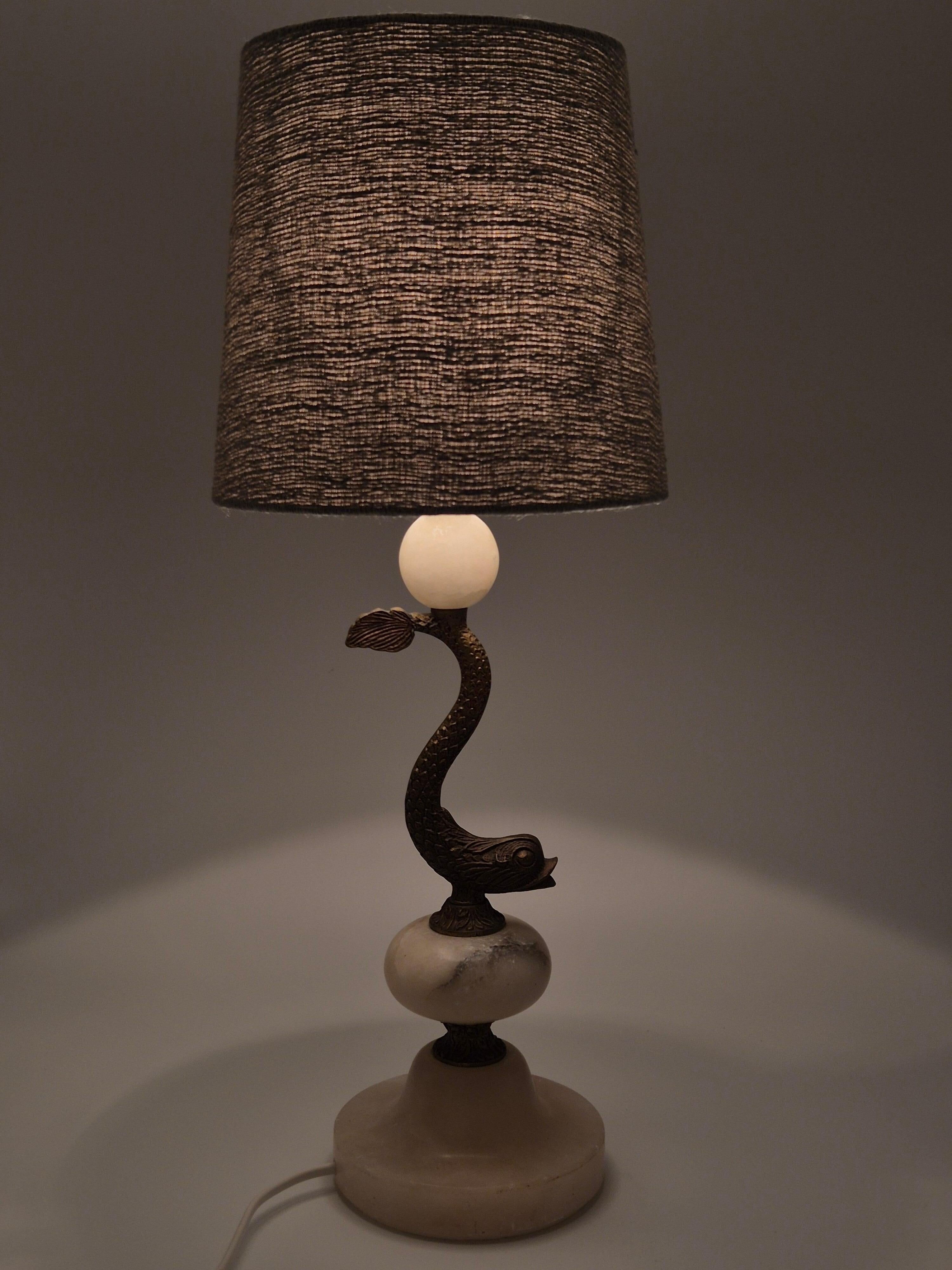 Sculptural table lamp in alabaster with fish/dolphin decoration, Swedish Grace