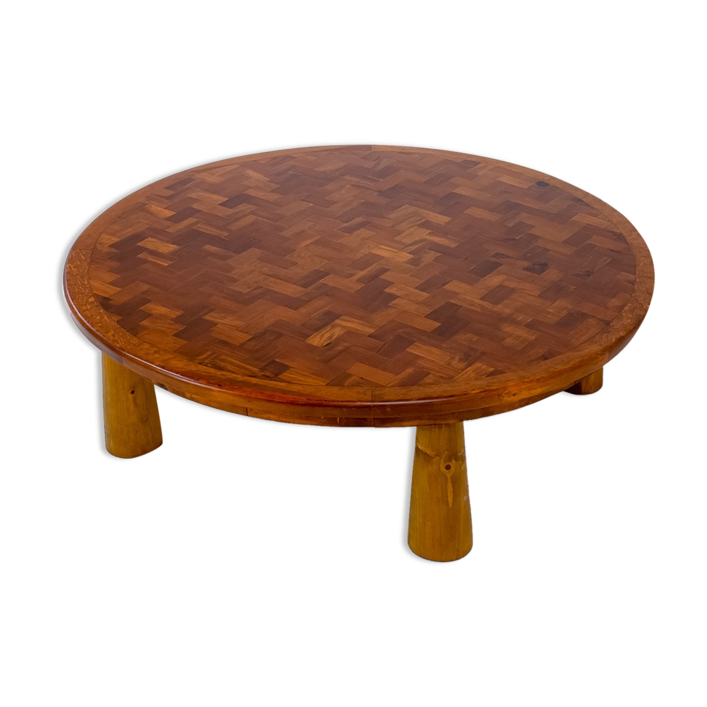 Round parquet coffee table with conical legs, spain