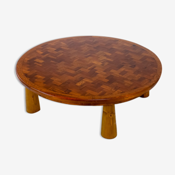 Round parquet coffee table with conical legs, spain