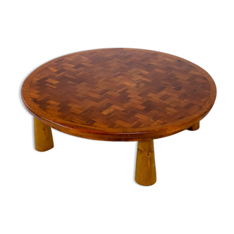 Round parquet coffee table with conical legs, spain