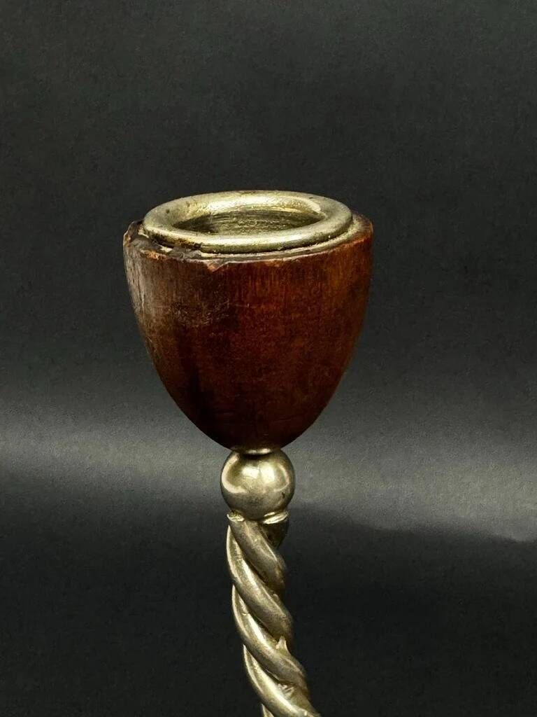 Pair of vintage candle holders in twisted wood and metal – Scandinavian design