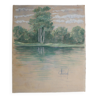 Aquarelle ancienne "les Rivages" fin XIX ème signée