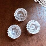 Trio of salt shakers, pepper shakers, molded glass salt shakers