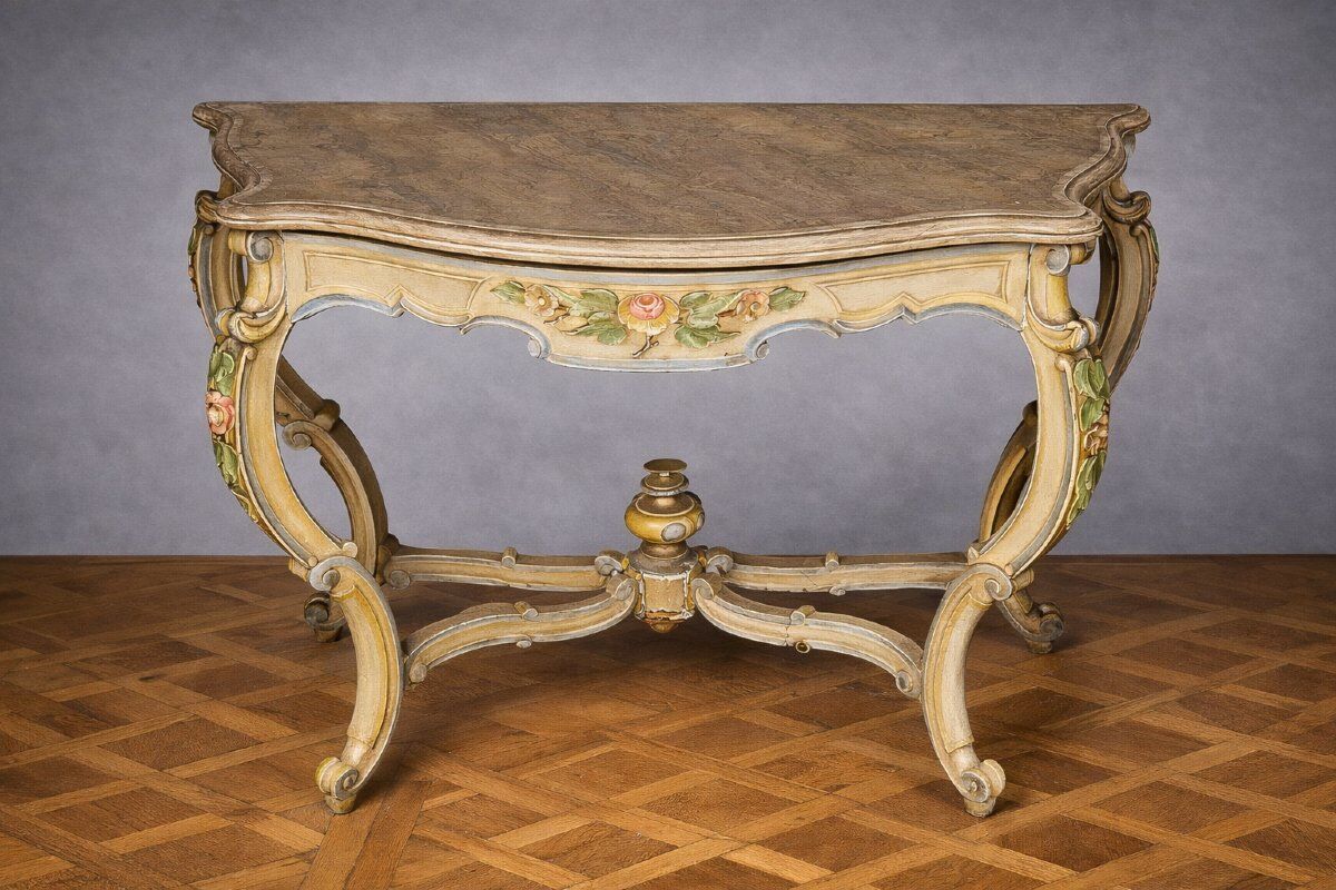 Italian console painted and sculpted – Wood top with faux marble appearance – 19th century