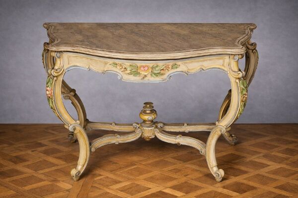 Console italienne peinte et sculptée – Plateau bois en faux semblant de marbre – XIXe siècle
