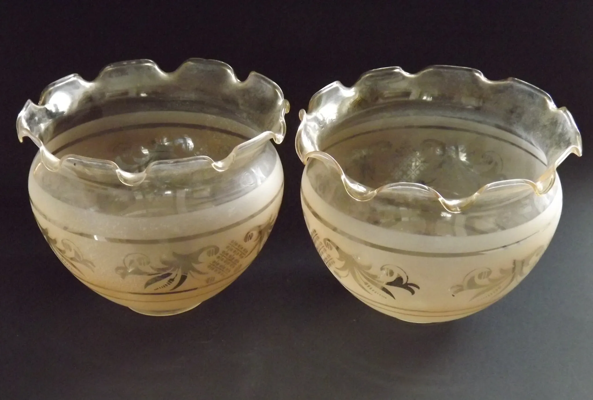 Set of 2 Vintage French Amber Patterned Glass Shades Frilled Edge