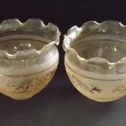 Set of 2 Vintage French Amber Patterned Glass Shades Frilled Edge