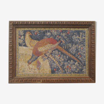 "Pheasants" wall tapestry and carved wood frame