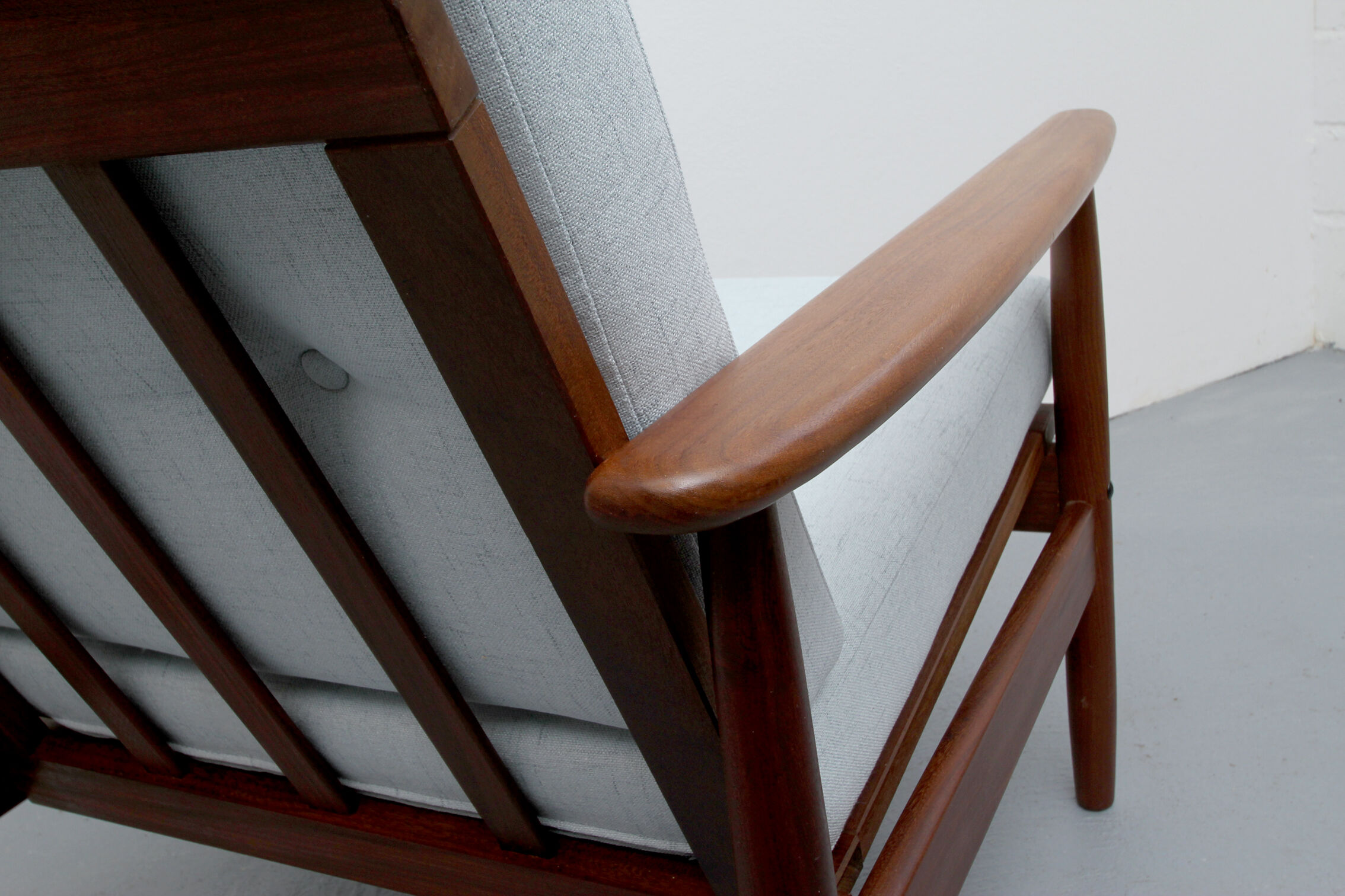 1960s teak armchair new cushions in grey-blue