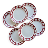 6 flat plates Badonviller ironstone with red geometric decoration