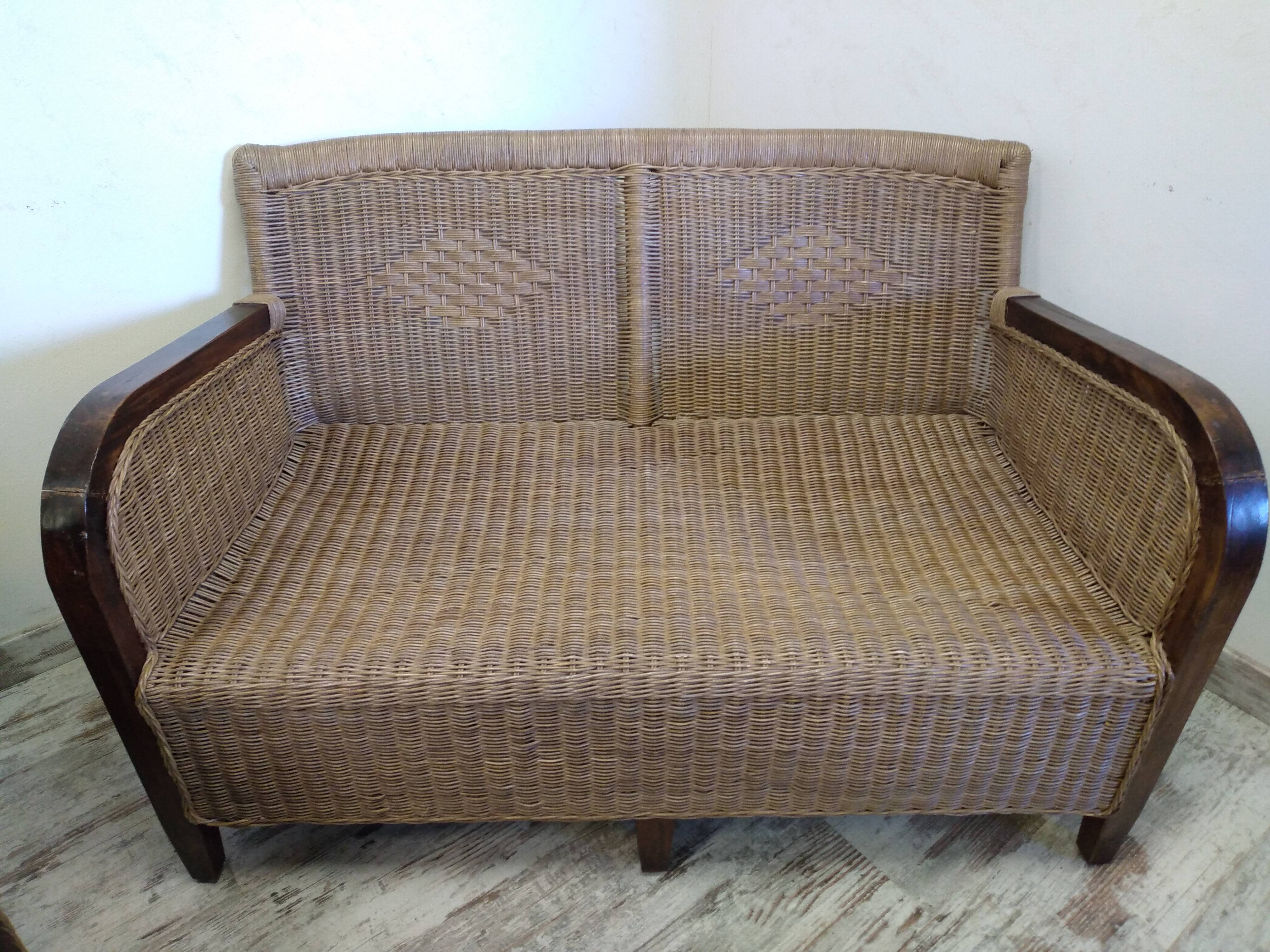 Bench seat and armchair in old rattan
