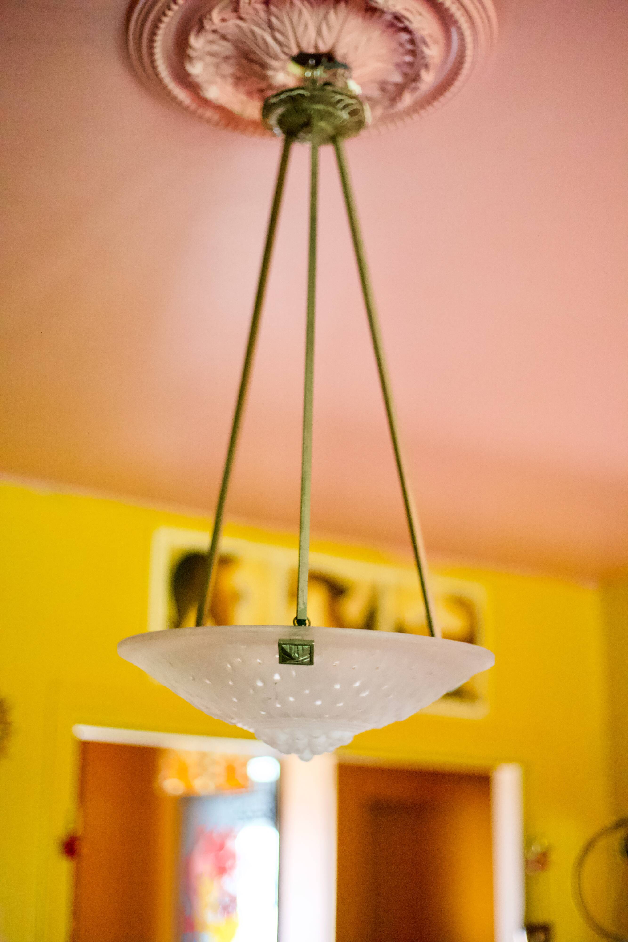 Chandelier signed Muller Frères Lunéville, Art Deco suspension, nickel-plated bronze chandelier, ceiling lamp,