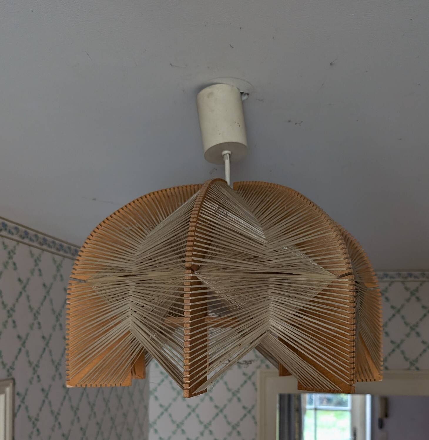 Vintage Scandinavian wood and raffia pendant chandelier