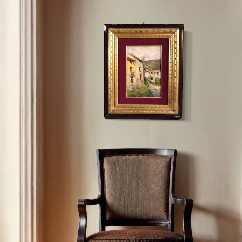 Italian landscape painting view of houses from the 20th century