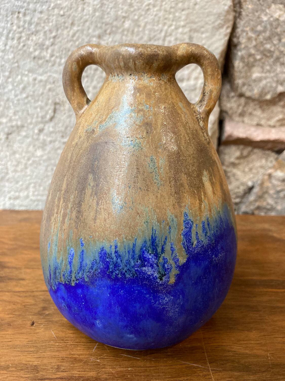 Vase grès flammé beige et bleu années 20/30