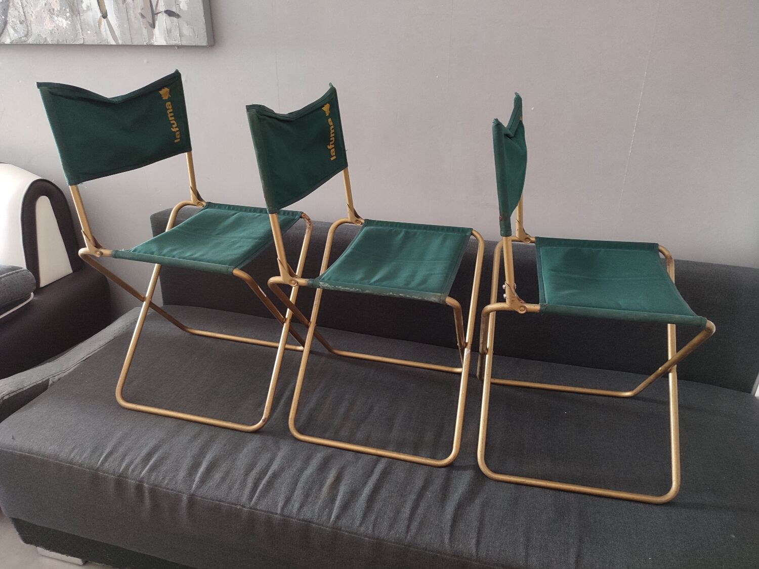 3 folding Lafuma green vintage camping seats