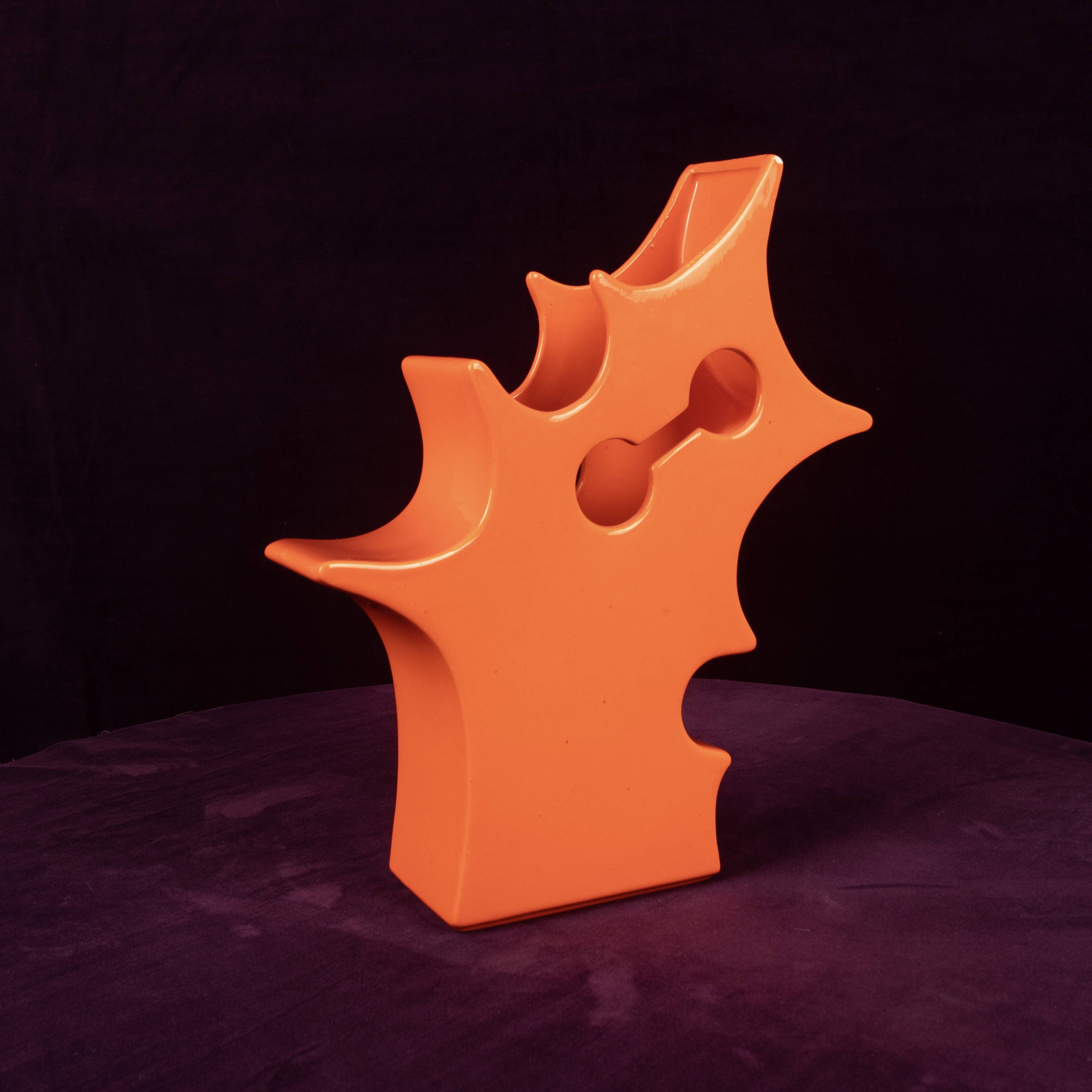 Abstract Orange Ceramic Sculptural Vase, Postmodern / Space Age, Italy, 1980
