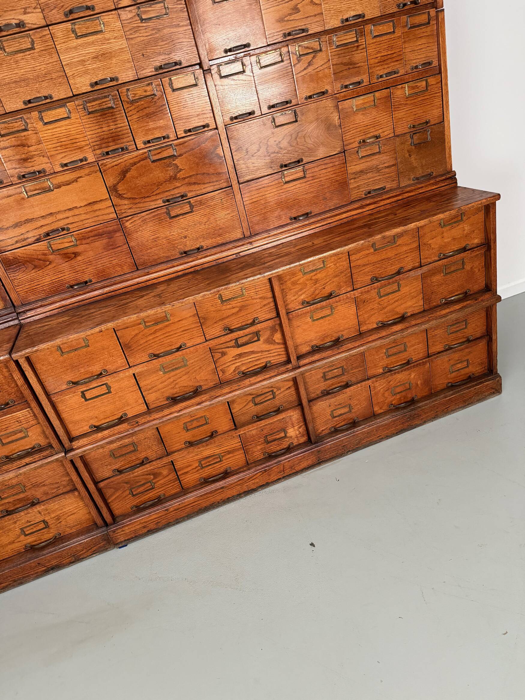 Antique very large American oak grain / apothecary cabinet, ca 1900