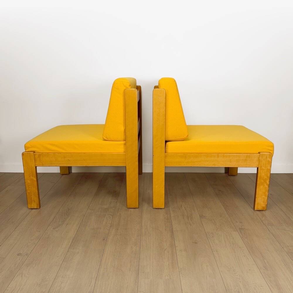 Pair of vintage Scandinavian armchairs in pine and fabric.
