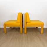 Pair of vintage Scandinavian armchairs in pine and fabric.