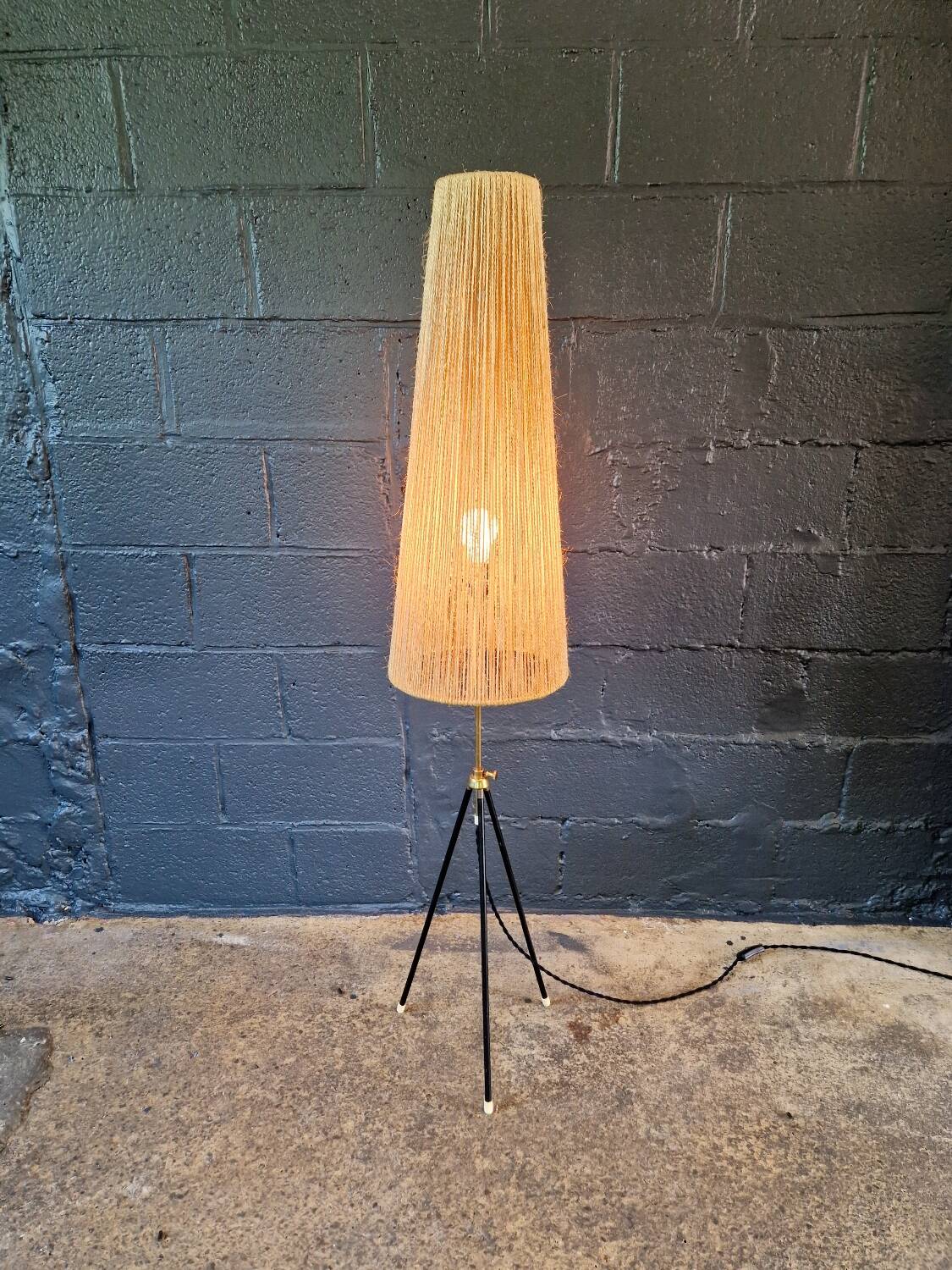 Mid-century tripod floor lamp, cord shade, 1950s-60s.
