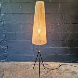 Lampadaire tripode Mid-century, abat-jour en corde, années 1950-60
