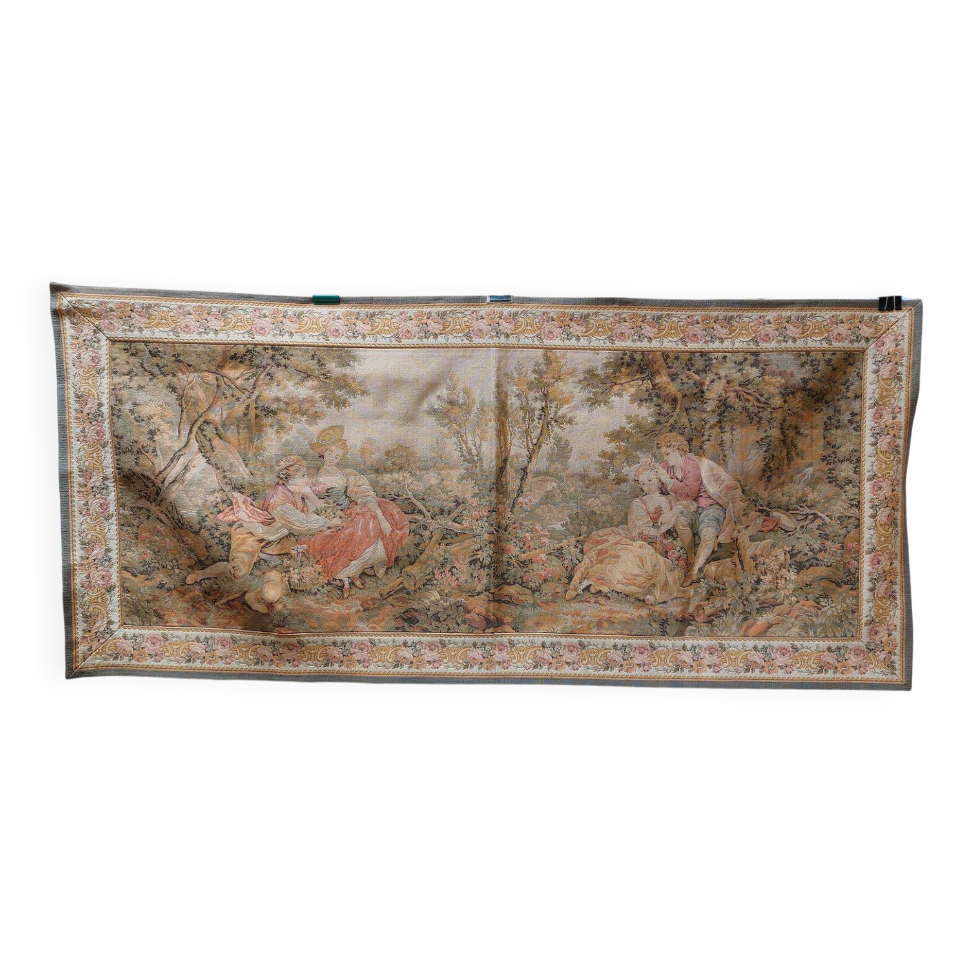 Large Aubusson-style wall tapestry with a gallant scene, 196 cm