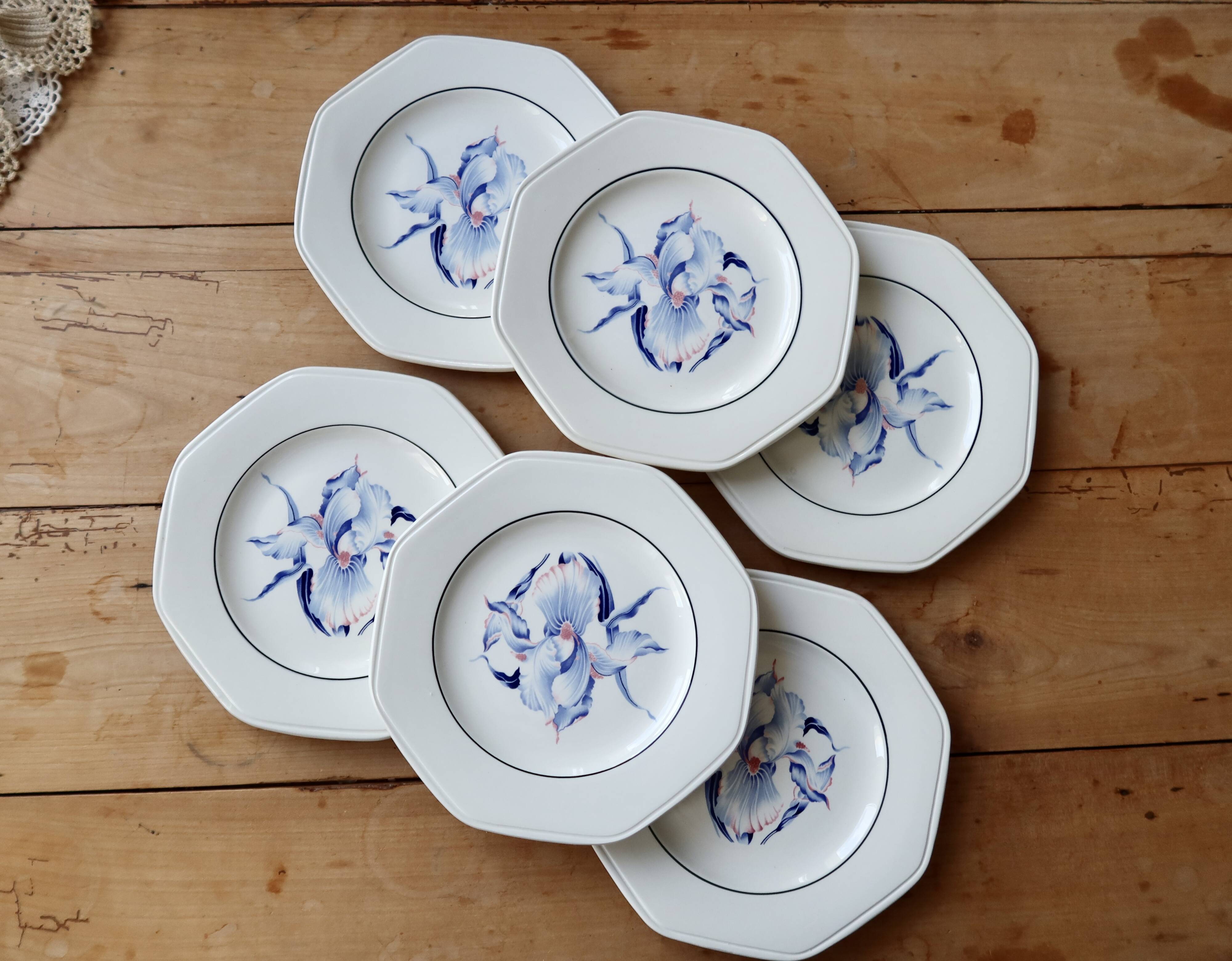 6 vintage dessert plates earthenware Moulin des Loups - Iris pattern