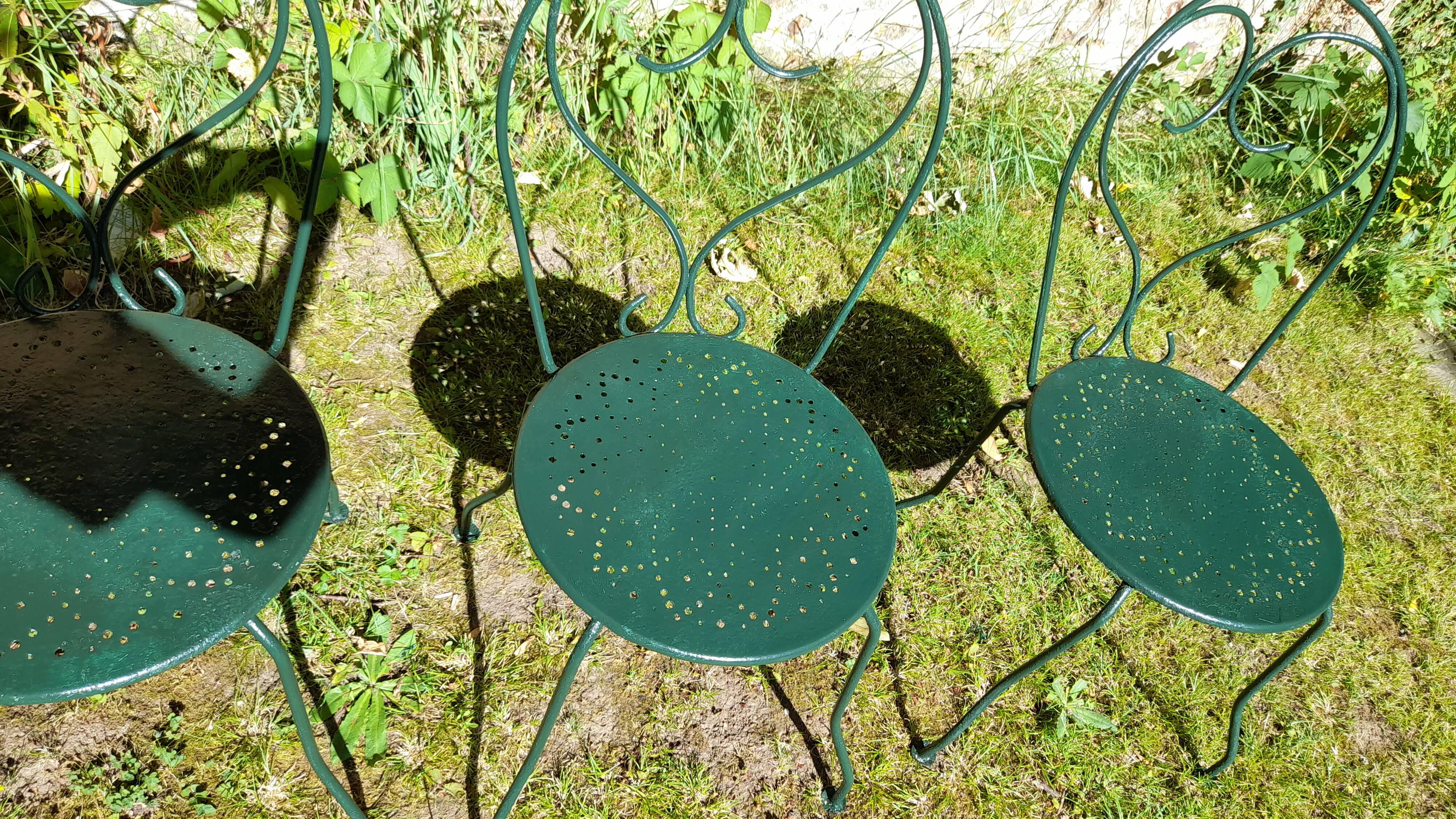 Salon de jardin ancien fer forgé 1 table 4 chaises vert wagon