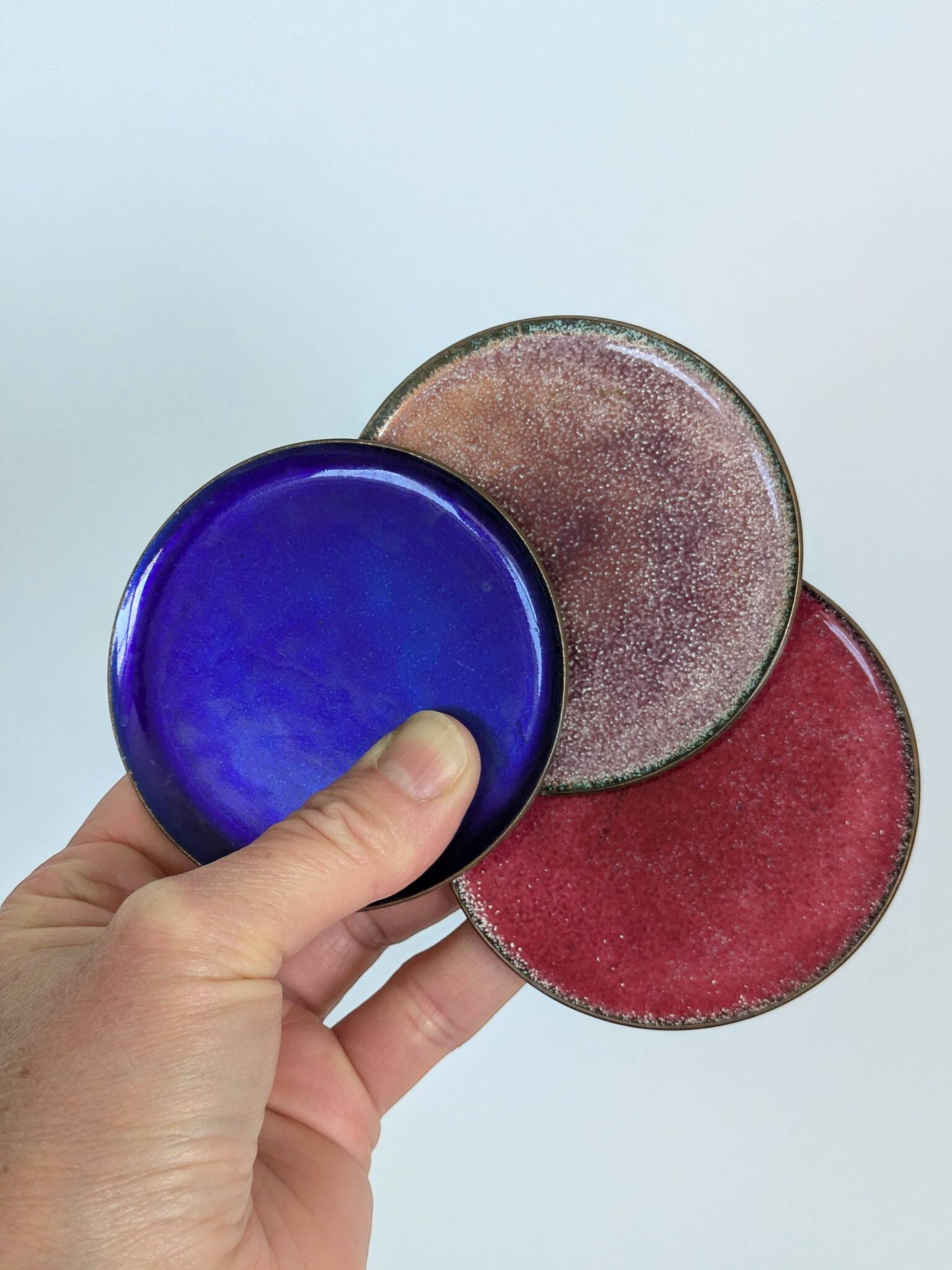 Set of 6 Vintage MCM Multicoloured Enamel on Copper Coasters from the 60s