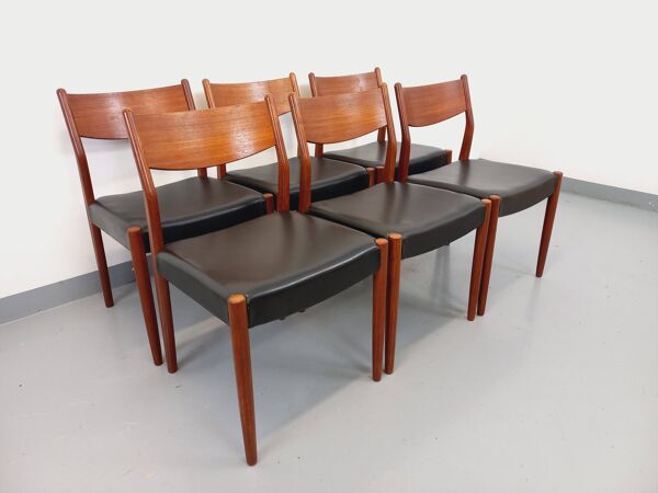 Suite de 6 chaises scandinaves vintage Fristho Franeker en teck et skai des années 60