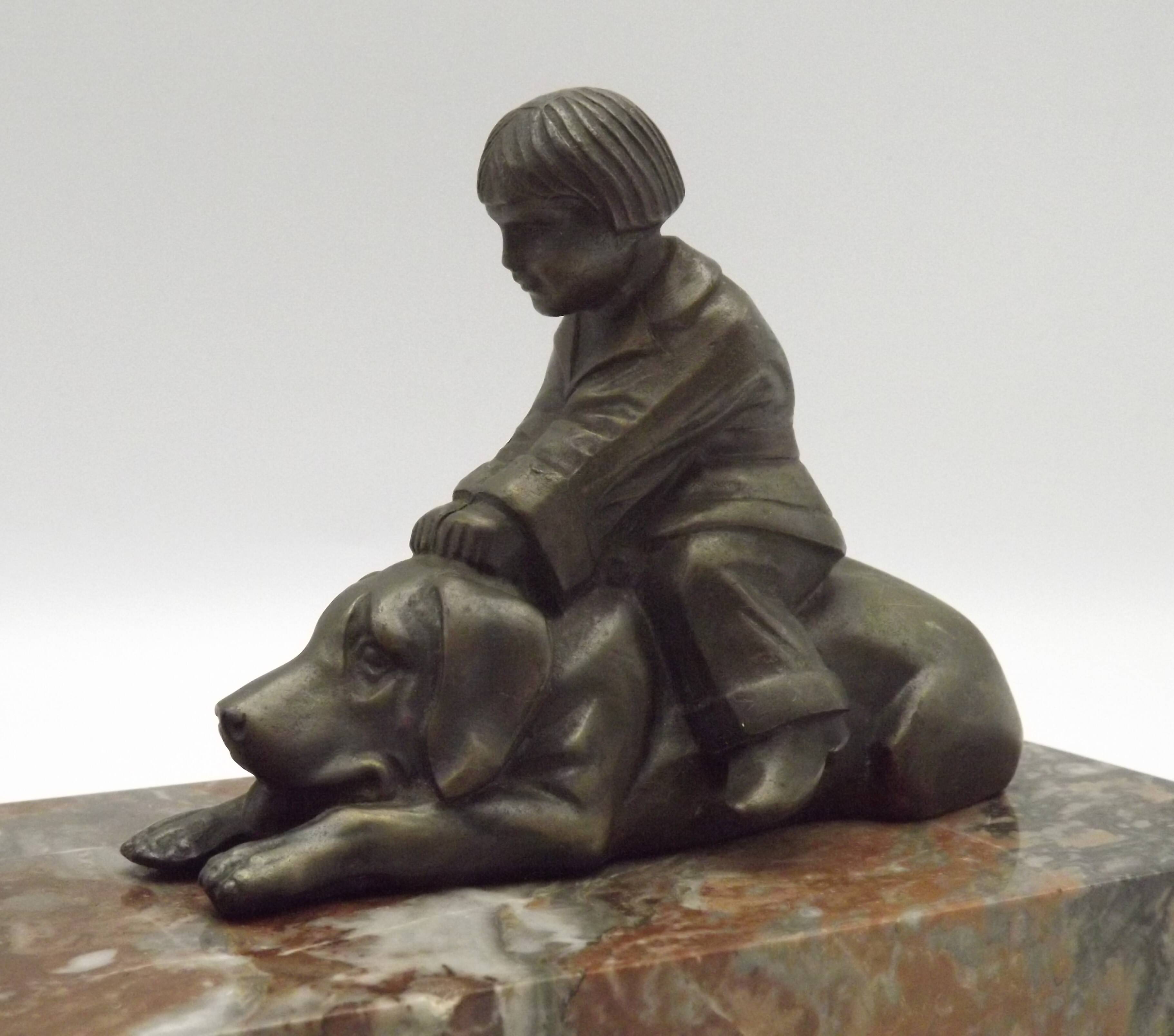 French Art Deco Table Lamp Vintage Dog & Child Figure Opaline Glass Shade