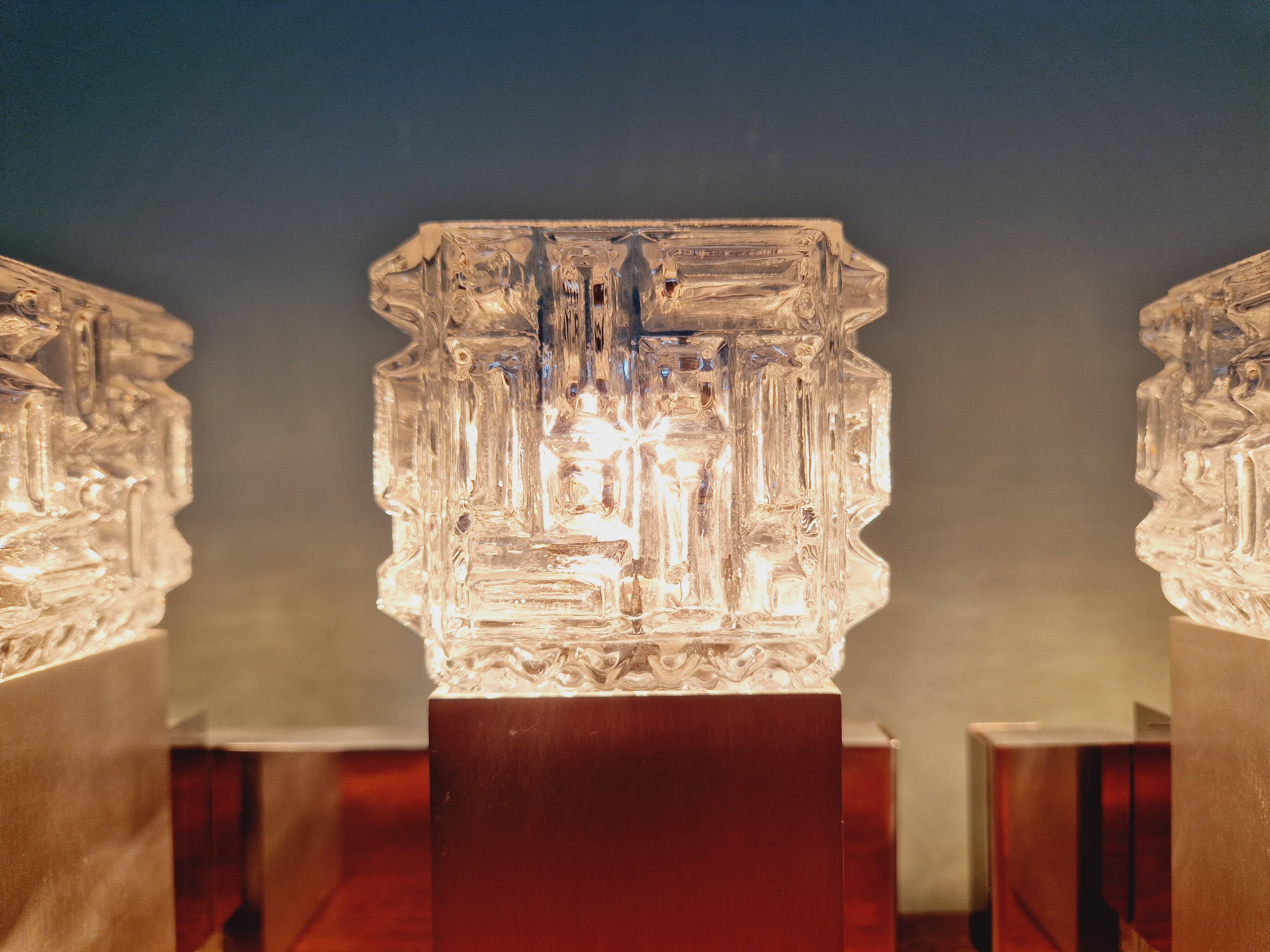 Pair of brushed aluminum and crystal wall lights, 1970s