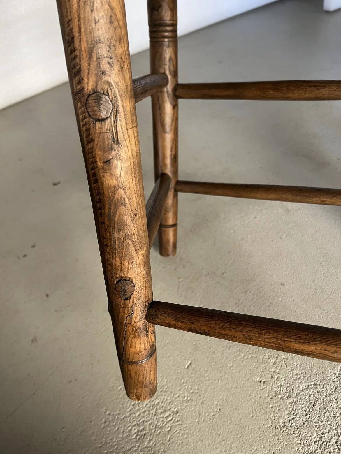 Rustic ladder-back oak chairs with embroidered seats | Netherlands | 1950s