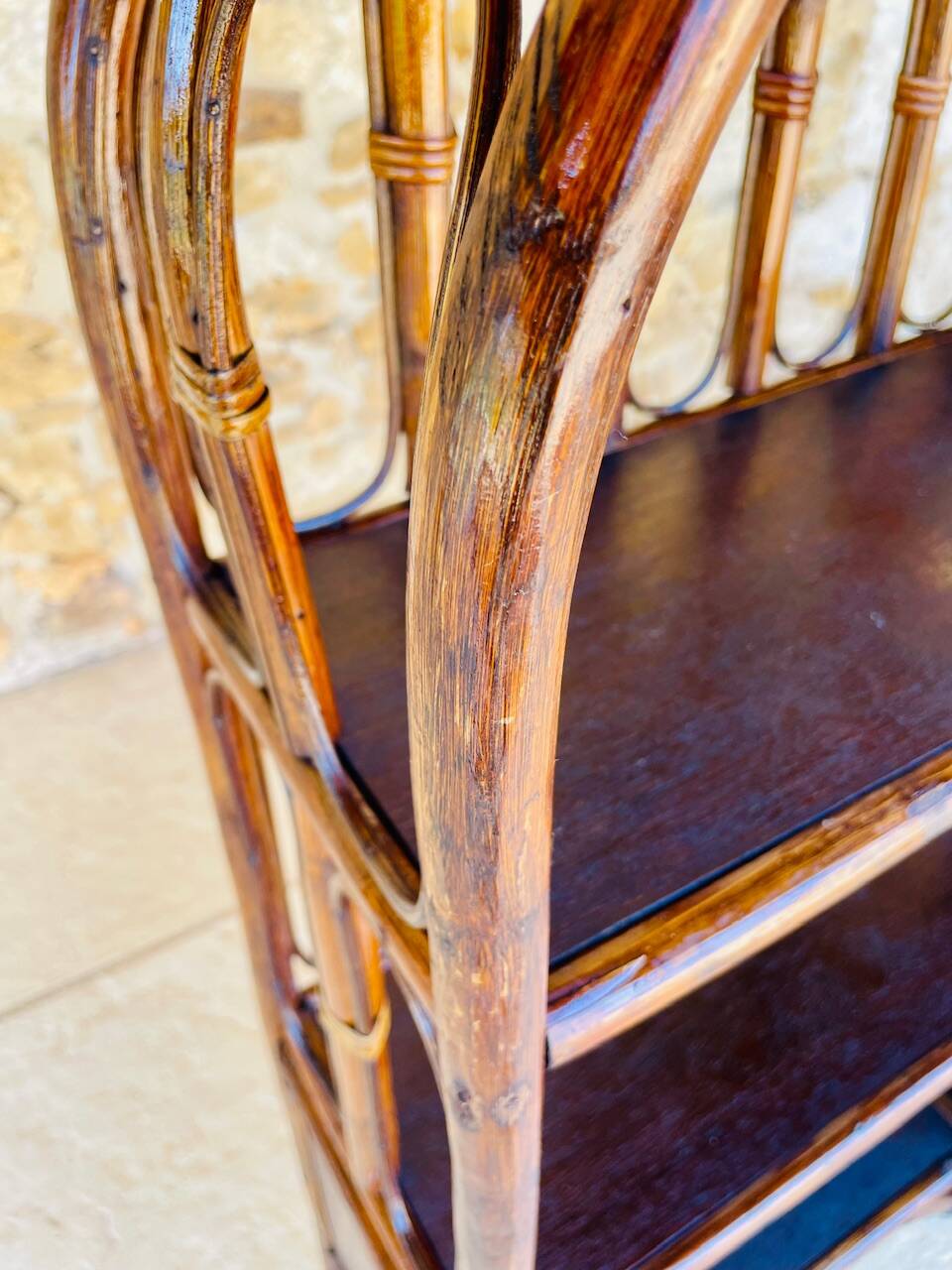 Vintage two-tier bamboo and rattan shelf with storage, Circa 1960