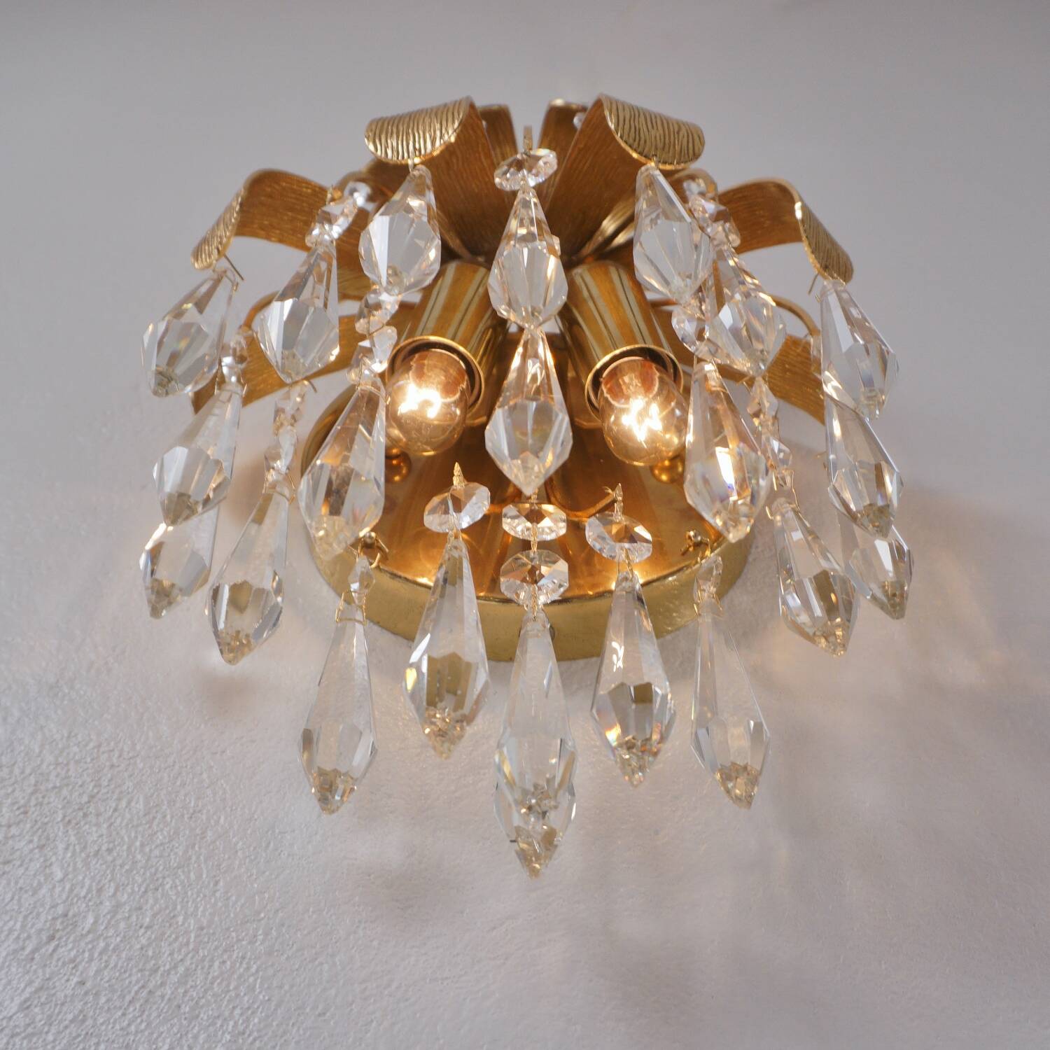 Palwa crystal pair wall lights sconces by Ernst Palme, brass pineapple, 1960`s, German