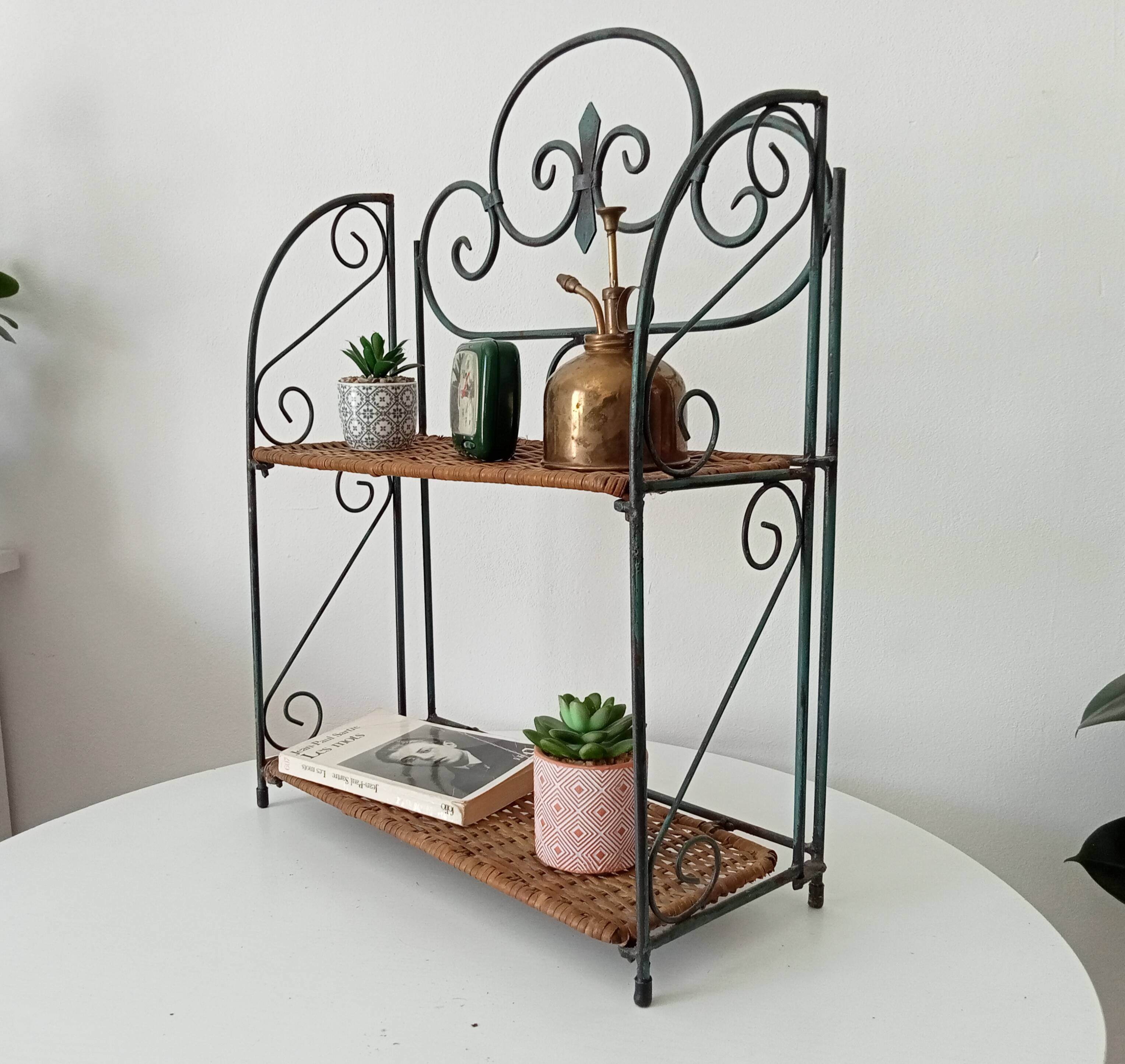 Vintage wall or table shelf in wrought iron and rattan