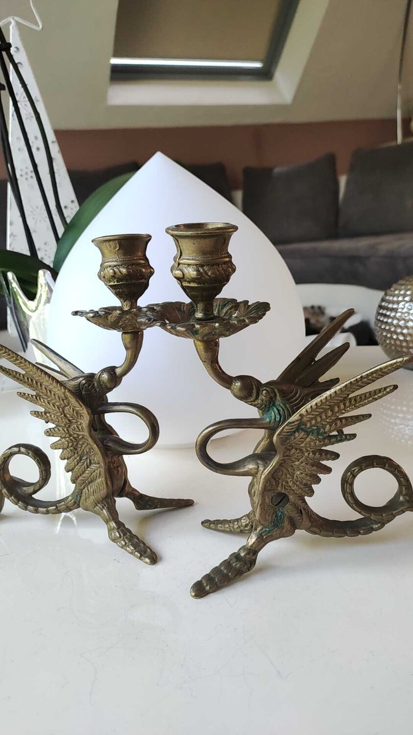 Pair of bougeoirs antiques dragons winged / chimeras / phoenix, style napoleon iii, 19th. in gilded bronze