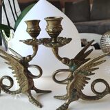 Pair of bougeoirs antiques dragons winged / chimeras / phoenix, style napoleon iii, 19th. in gilded bronze