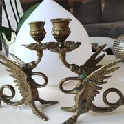 Pair of bougeoirs antiques dragons winged / chimeras / phoenix, style napoleon iii, 19th. in gilded bronze