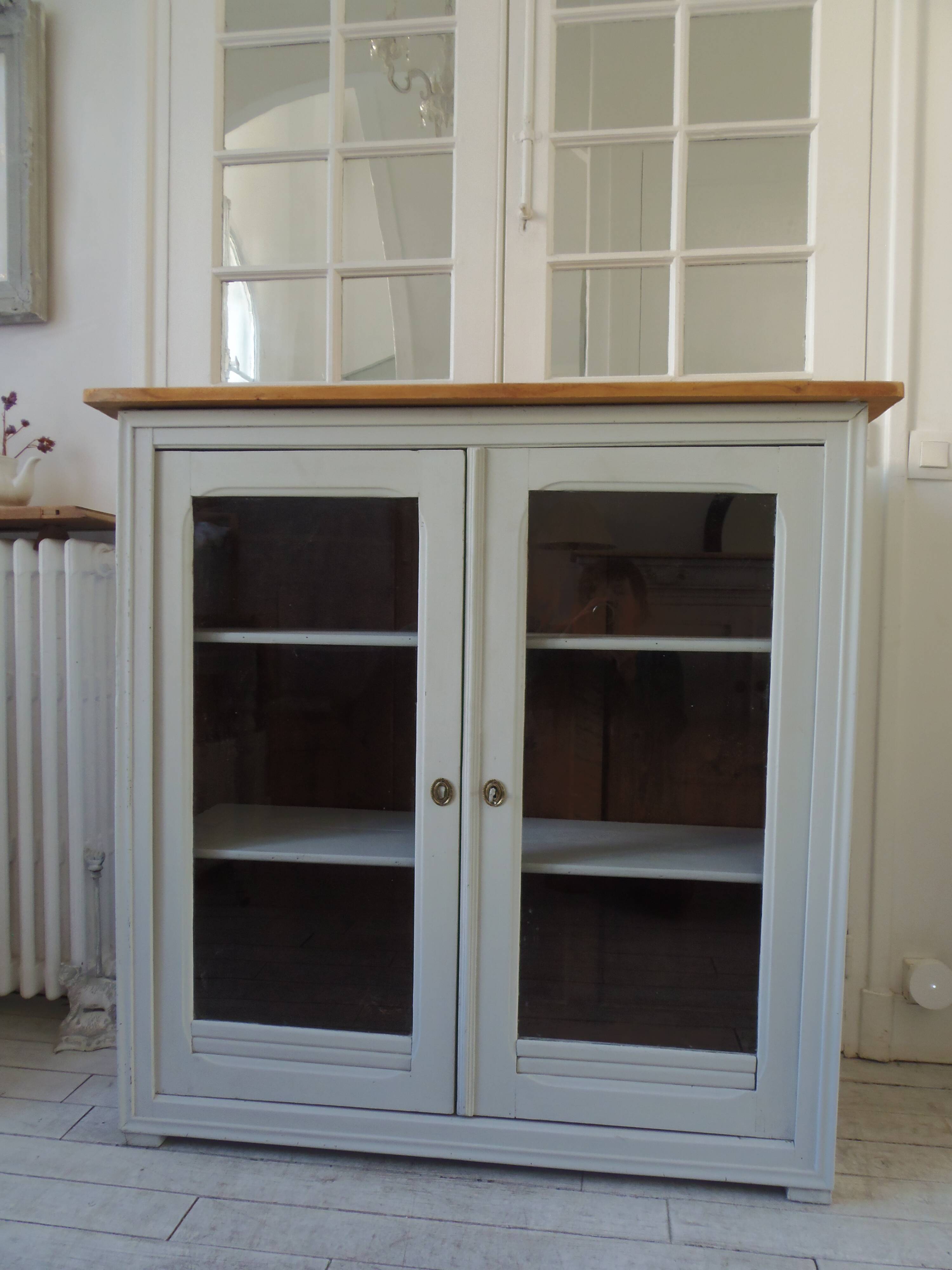 Display case, old shallow sideboard re-enchanted in cloud gray.