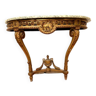 Console de style Louis XVI en bois doré XX siècle Dessus de marbre vert veiné