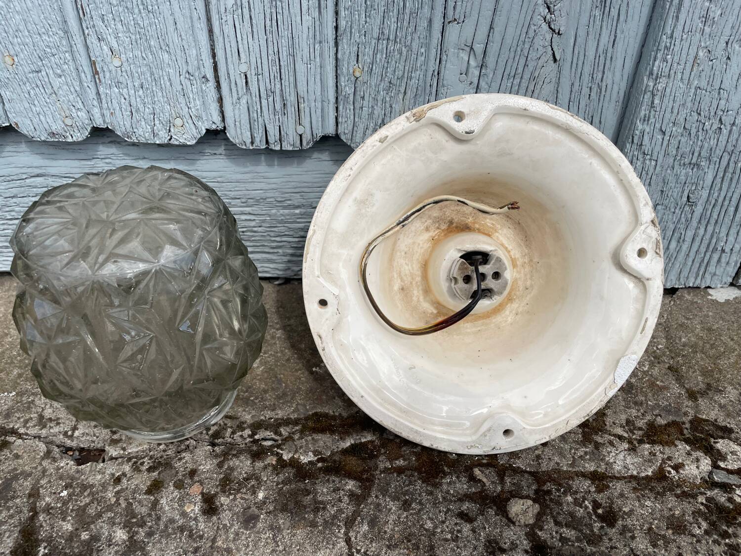 Art Deco ceiling light with a porcelain base.