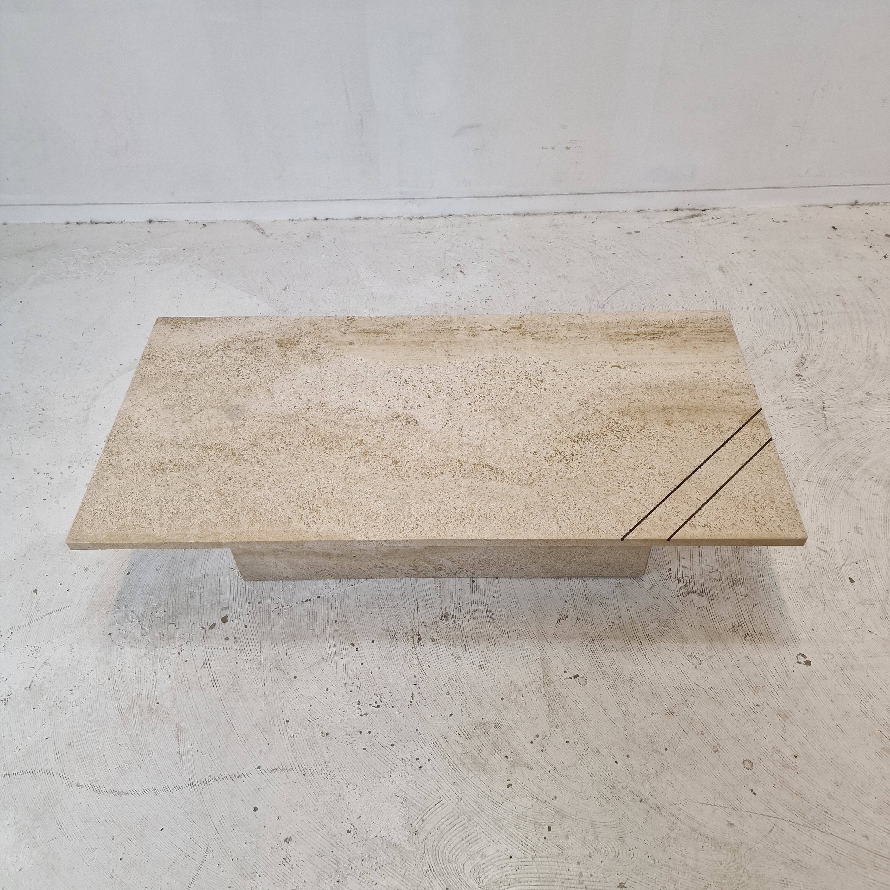 Rectangle Travertine Coffee or Side Table with Brass, Italy 1980s