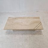 Rectangle Travertine Coffee or Side Table with Brass, Italy 1980s