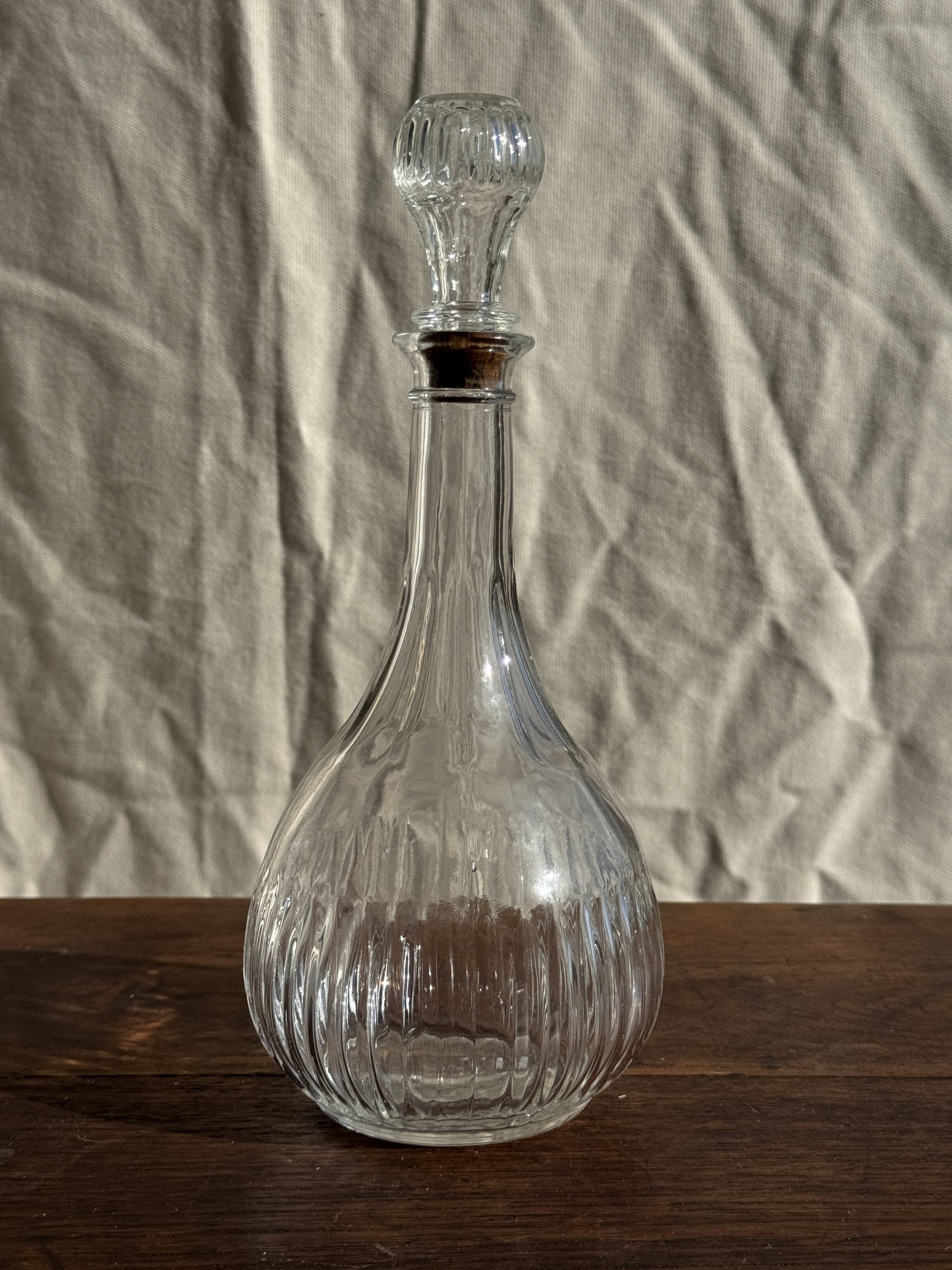 Vintage round-shaped glass carafe with cork stopper H27