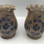 Pair of vintage pottery vases with floral decoration and glaçureau sel