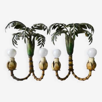 Pair of bamboo and palm sconces in metal